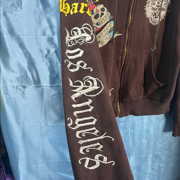 Ed Hardy Mens Rust Love Kills Slowly Brown Full Zip Hoodie Jacket - Picture 4 of 6